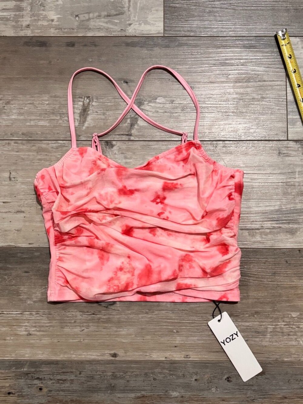 Ruched Pink Tie Dye Crop Top Small NWT Strappy Back Y2K Cami